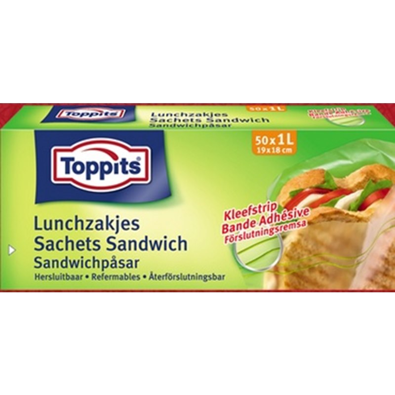 Toppits Lunchzakjes 1 liter hersluitbaar met kleefstrip doos a 50 stuks