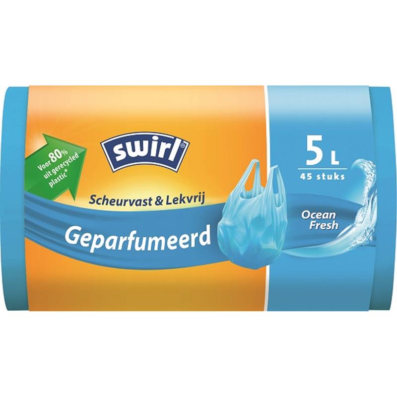 Pedaalemmerzak geparfumeerd met handvat 5 liter rol a 45 zakken voor 80% uit gerecycled plastic