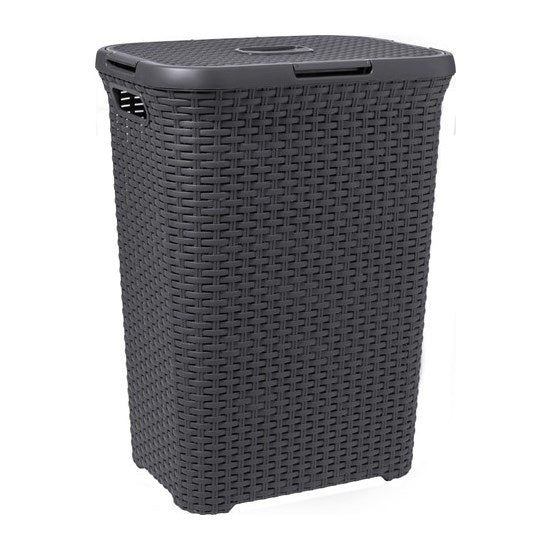 Style wasbox met deksel rotanstyle 60 liter antraciet 45x34x62 cm